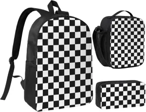 Cool Black And White Checkered Flag Essential 3-In-1 Backpack Kit  Compact Laptop Bag, Insulated Food Tote & Zippered Stationery Holder, Stylish & Lightweight For Daily Use