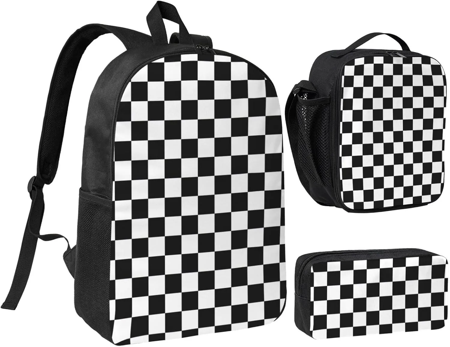 Cool Black And White Checkered Flag Essential 3-In-1 Backpack Kit  Compact Laptop Bag, Insulated Food Tote & Zippered Stationery Holder, Stylish & Lightweight For Daily Use