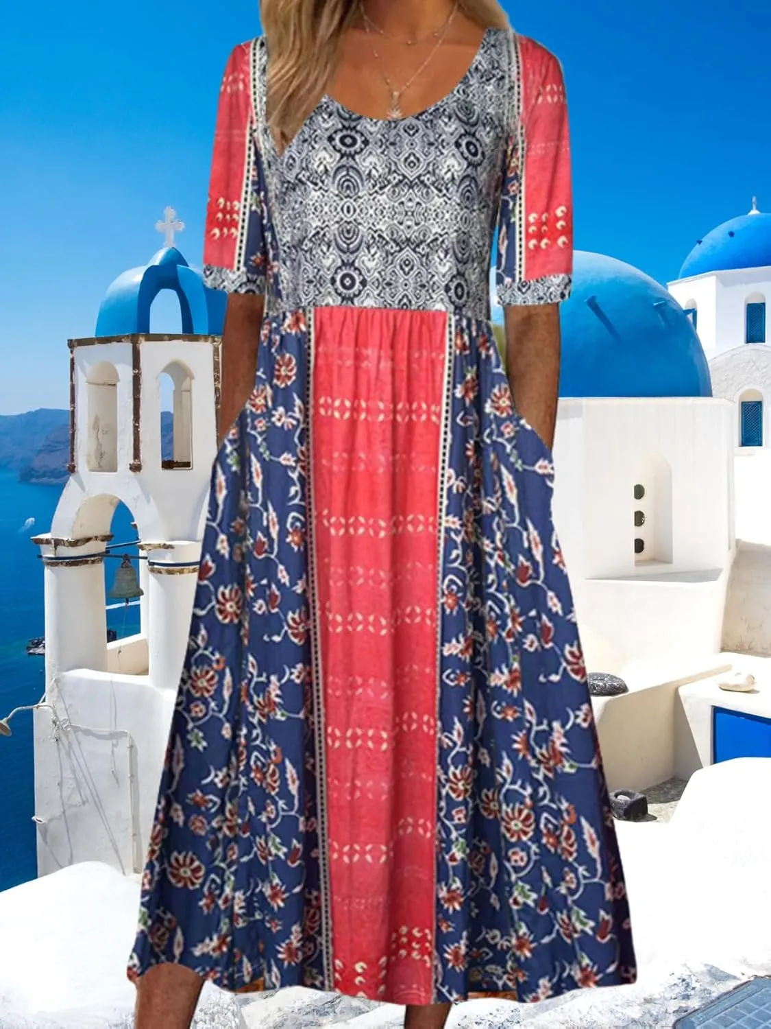 Costaric Womens Bohemian Floral Print Maxi Dress Summer Casual Loose Fit Flowy Dresses with Pockets
