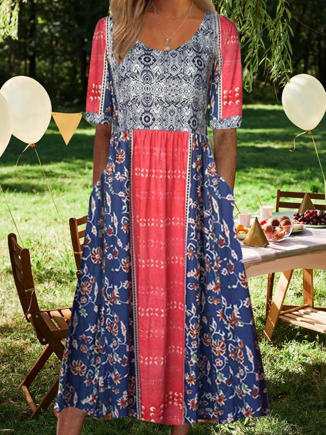 Costaric Womens Bohemian Floral Print Maxi Dress Summer Casual Loose Fit Flowy Dresses with Pockets
