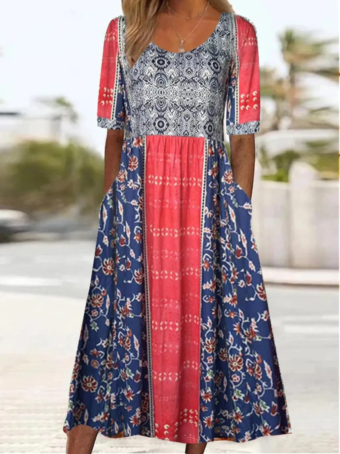 Costaric Womens Bohemian Floral Print Maxi Dress Summer Casual Loose Fit Flowy Dresses with Pockets