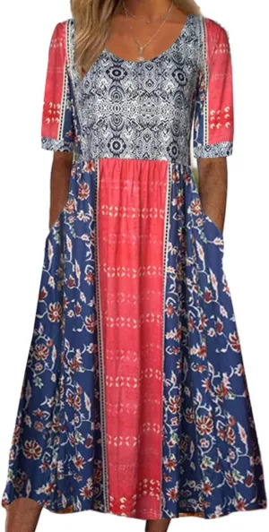 Costaric Womens Bohemian Floral Print Maxi Dress Summer Casual Loose Fit Flowy Dresses with Pockets
