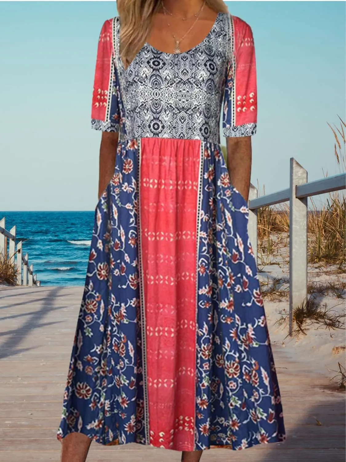 Costaric Womens Bohemian Floral Print Maxi Dress Summer Casual Loose Fit Flowy Dresses with Pockets