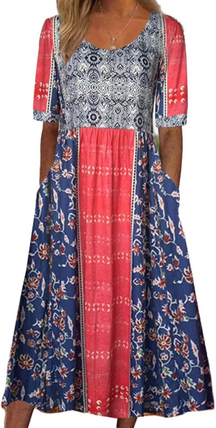 Costaric Womens Bohemian Floral Print Maxi Dress Summer Casual Loose Fit Flowy Dresses with Pockets