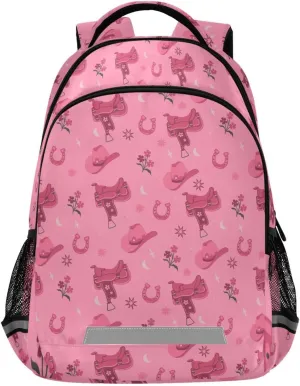 Cowboy Hats Saddles Backpacks with Chest Strap,Lightweight Bookbags 17 Inch, Pink Casual Daypack Bags