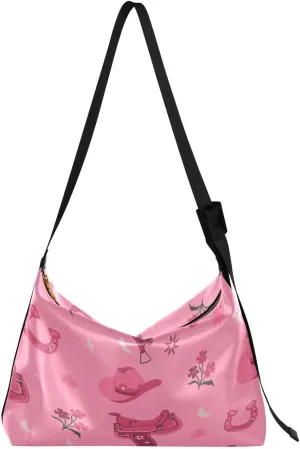 Cowboy Hats Saddles Hobo Crossbody Bags for Women Leather Large Shoulder Bag Cross Body Pink Trendy Womens Tote Bags Handbag for Travel Shopping