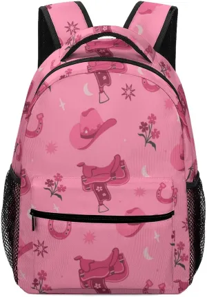 Cowboy Hats Saddles Travel Backpack Pink Durable Lightweight Laptop Computer Bag for Men Women Adjustable BookBag 16.5 Inches