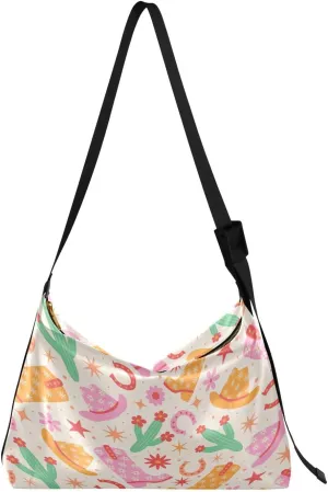 Cowgirl Boots Hats Cactus Hobo Crossbody Bags for Women Leather Large Shoulder Bag Cross Body Trendy Womens Tote Bags Handbag for Travel Shopping
