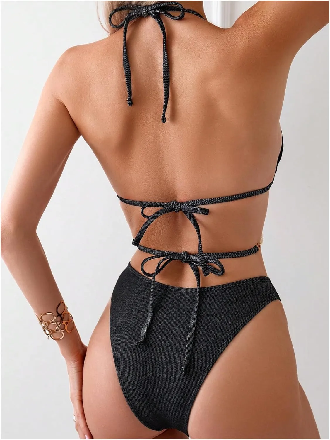 COZYEASE Women's 2 Piece Bikini Set Triangle Halter Tie Back Bathing Suit Set Shell Backless High Cut Swimsuit