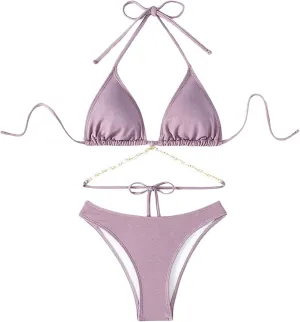 COZYEASE Women's 2 Piece Bikini Set Triangle Halter Tie Back Bathing Suit Set Shell Backless High Cut Swimsuit
