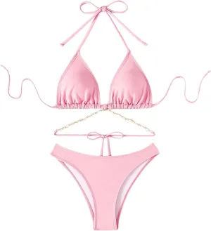 COZYEASE Women's 2 Piece Bikini Set Triangle Halter Tie Back Bathing Suit Set Shell Backless High Cut Swimsuit