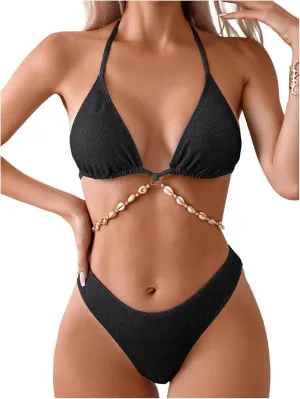 COZYEASE Women's 2 Piece Bikini Set Triangle Halter Tie Back Bathing Suit Set Shell Backless High Cut Swimsuit