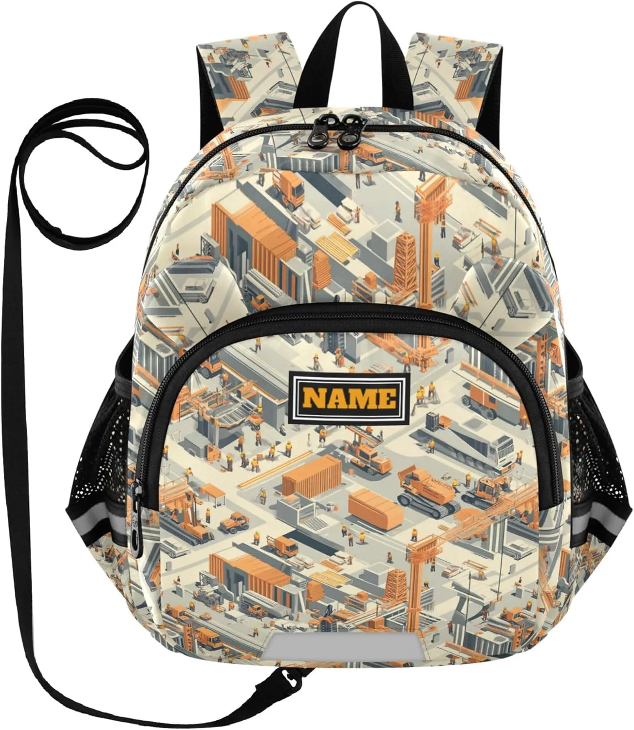 Custom Cute Ears Fun Kids Backpack Leash Little Girls Anti-Lost Personalized Mini Bookbag with Reflective Strip S Construction Scene Building Bridges Car Loader
