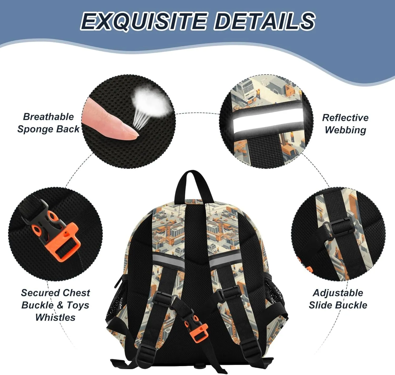 Custom Cute Ears Fun Kids Backpack Leash Little Girls Anti-Lost Personalized Mini Bookbag with Reflective Strip S Construction Scene Building Bridges Car Loader