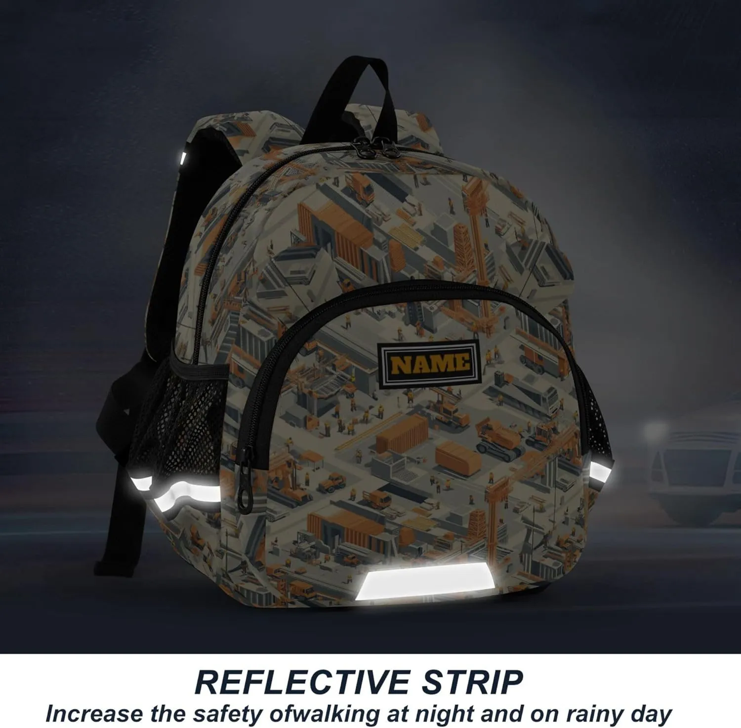 Custom Cute Ears Fun Kids Backpack Leash Little Girls Anti-Lost Personalized Mini Bookbag with Reflective Strip S Construction Scene Building Bridges Car Loader