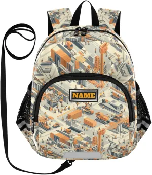 Custom Cute Ears Fun Kids Backpack Leash Little Girls Anti-Lost Personalized Mini Bookbag with Reflective Strip S Construction Scene Building Bridges Car Loader