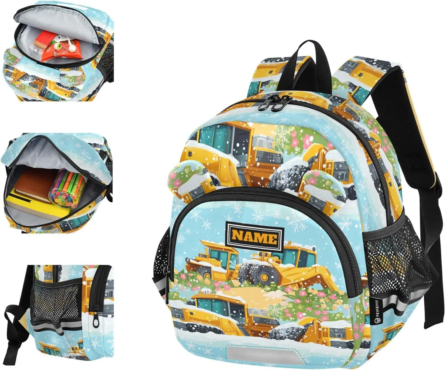 Custom Cute Ears Toddler Backpack For Preschool Leash Kids Boy's/Girl's Anti-Lost Personalized School Bag with Reflective Strip M Construction Truck Cartoon Bulldozer Snowflake