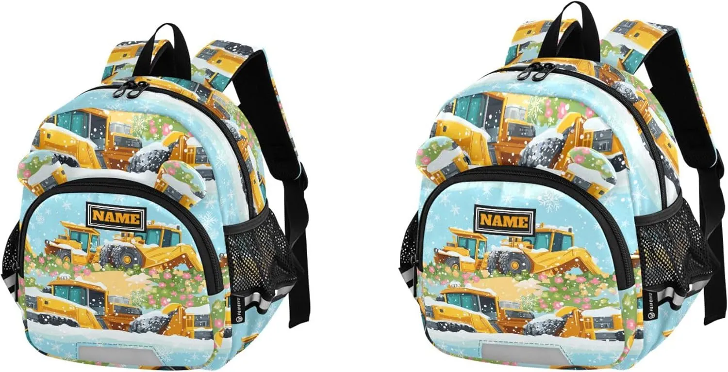 Custom Cute Ears Toddler Backpack For Preschool Leash Kids Boy's/Girl's Anti-Lost Personalized School Bag with Reflective Strip M Construction Truck Cartoon Bulldozer Snowflake