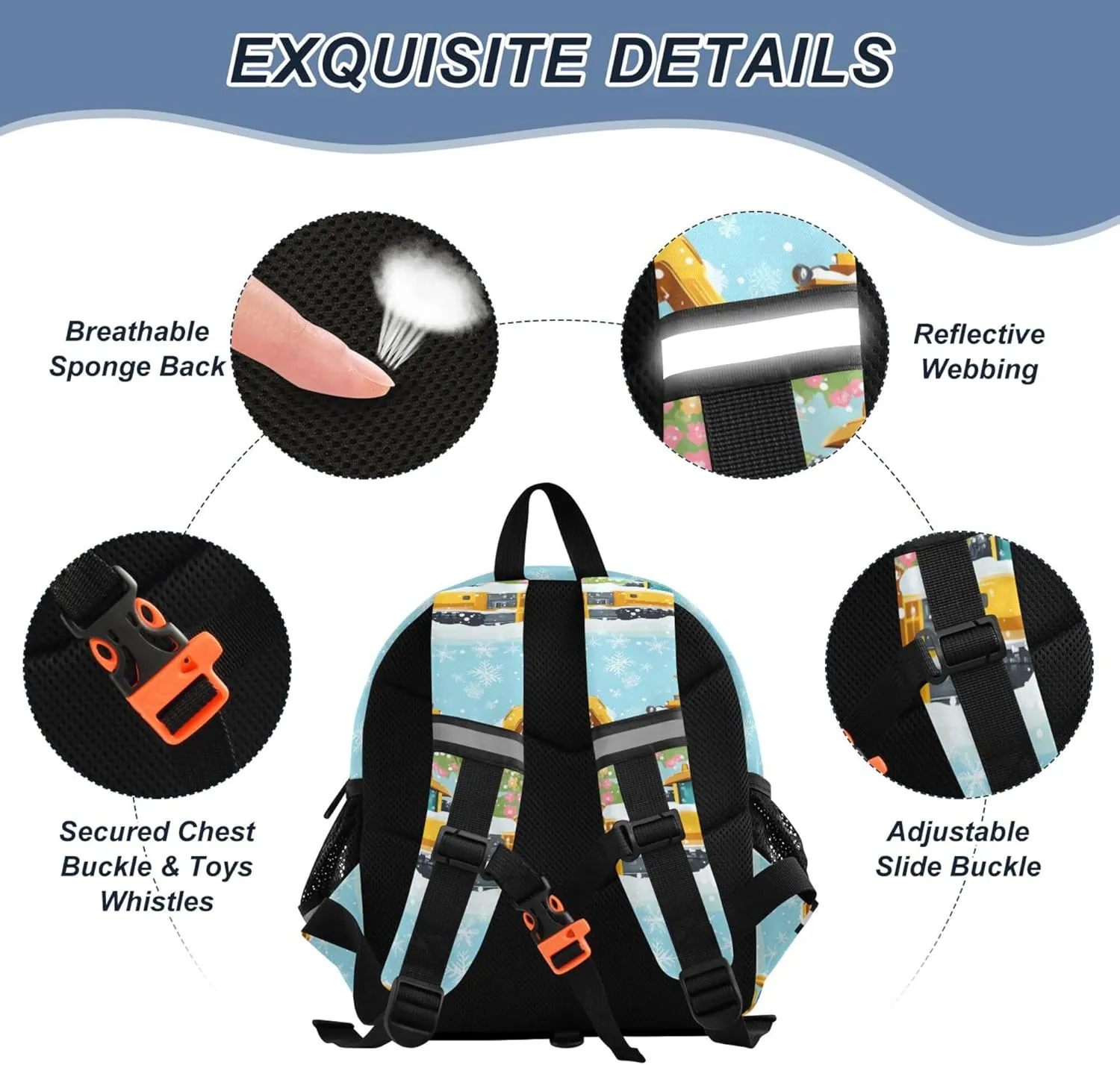 Custom Cute Ears Toddler Backpack For Preschool Leash Kids Boy's/Girl's Anti-Lost Personalized School Bag with Reflective Strip M Construction Truck Cartoon Bulldozer Snowflake