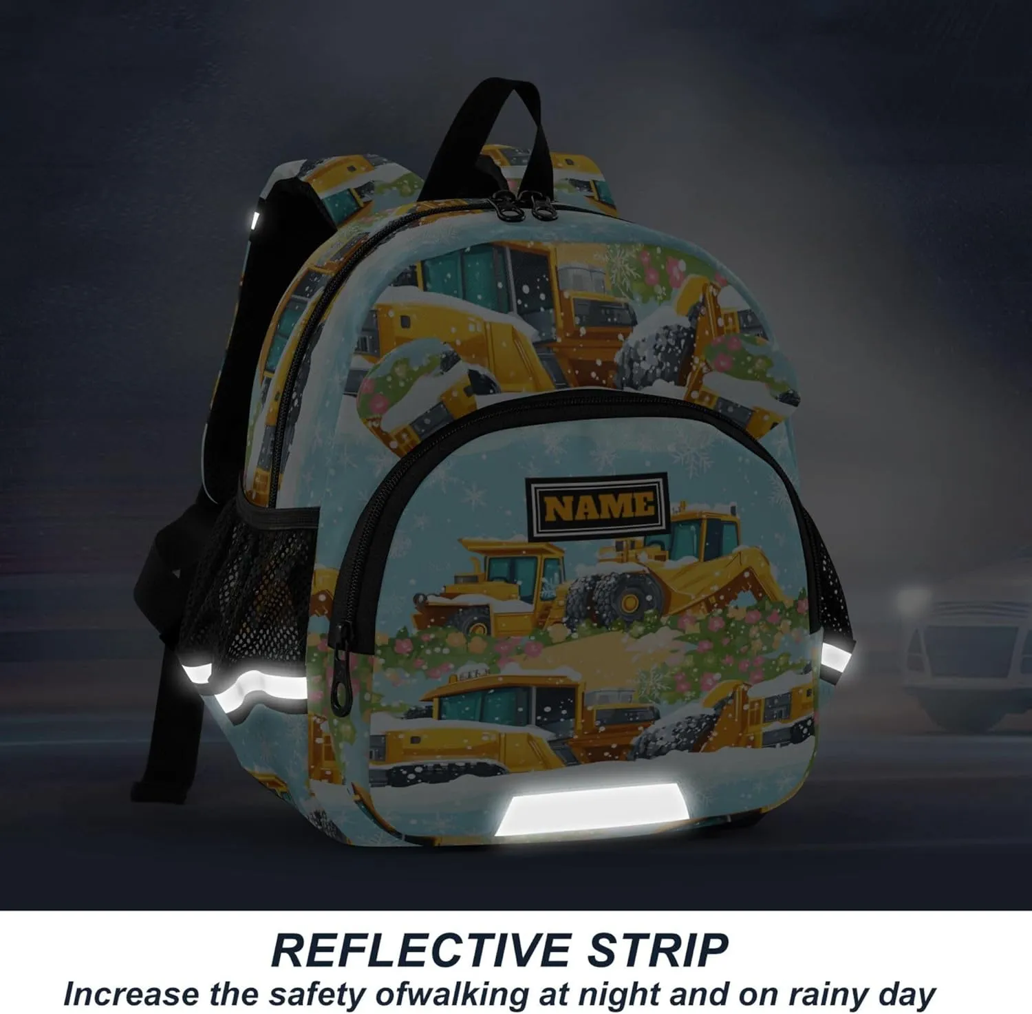 Custom Cute Ears Toddler Backpack For Preschool Leash Kids Boy's/Girl's Anti-Lost Personalized School Bag with Reflective Strip M Construction Truck Cartoon Bulldozer Snowflake