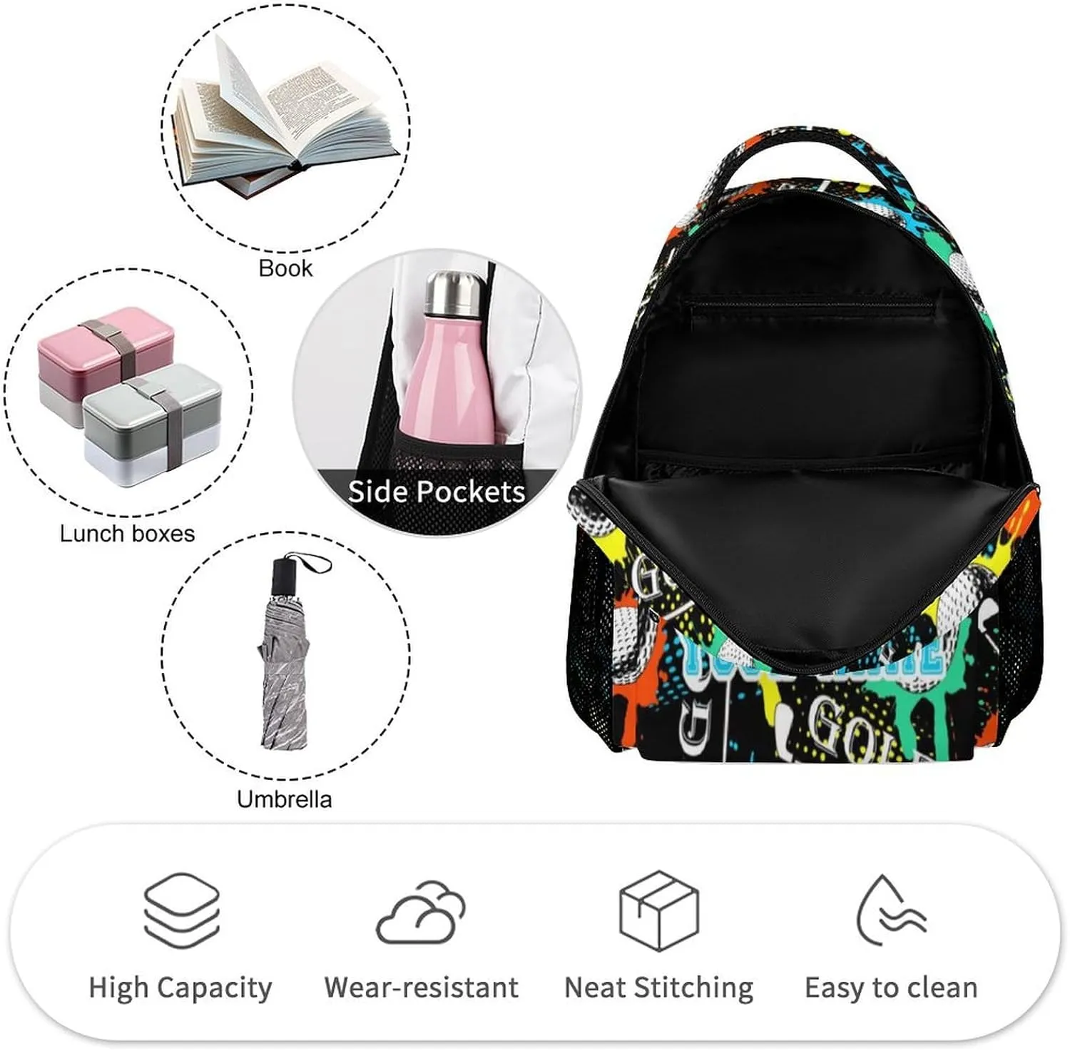 Custom Golf Backpack for Kids Girls Boys School, 16 Inches Cool Golf Theme Bookbag, Adjustable, Lightweight, Large Capacity, Colorful Golf Backpack for School
