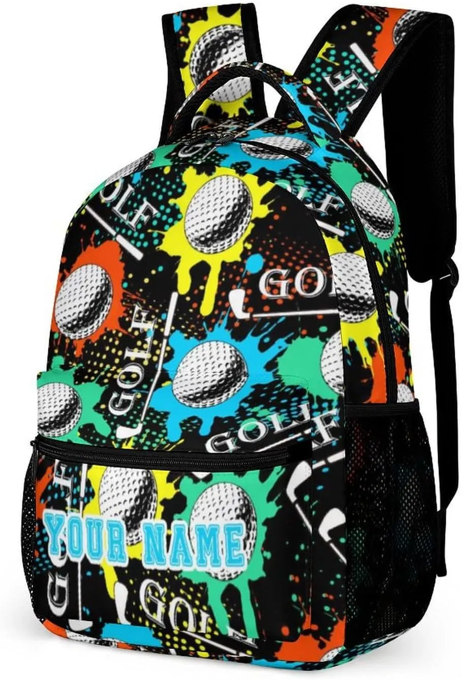 Custom Golf Backpack for Kids Girls Boys School, 16 Inches Cool Golf Theme Bookbag, Adjustable, Lightweight, Large Capacity, Colorful Golf Backpack for School