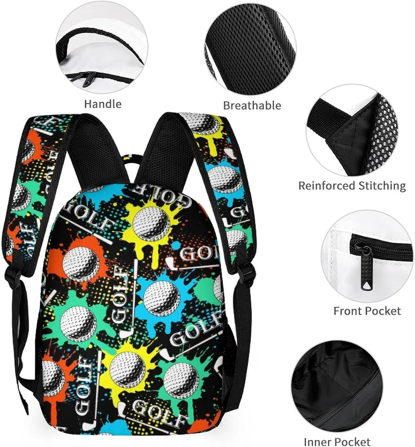Custom Golf Backpack for Kids Girls Boys School, 16 Inches Cool Golf Theme Bookbag, Adjustable, Lightweight, Large Capacity, Colorful Golf Backpack for School