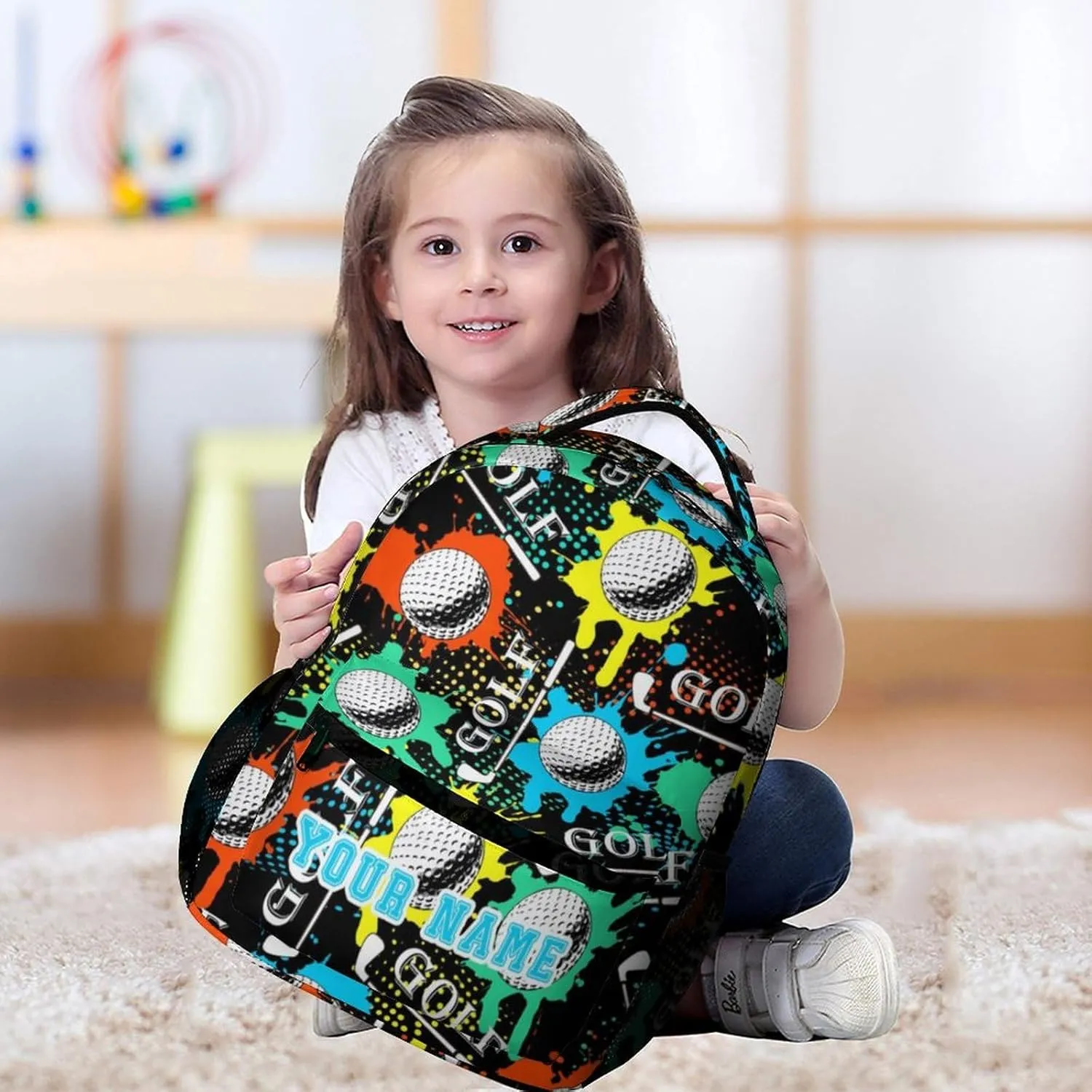 Custom Golf Backpack for Kids Girls Boys School, 16 Inches Cool Golf Theme Bookbag, Adjustable, Lightweight, Large Capacity, Colorful Golf Backpack for School