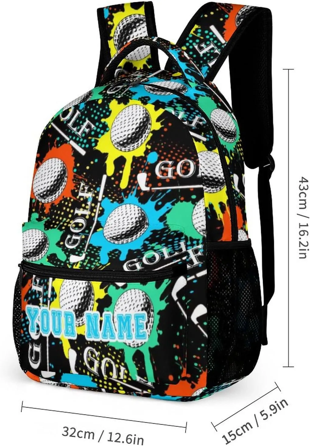 Custom Golf Backpack for Kids Girls Boys School, 16 Inches Cool Golf Theme Bookbag, Adjustable, Lightweight, Large Capacity, Colorful Golf Backpack for School