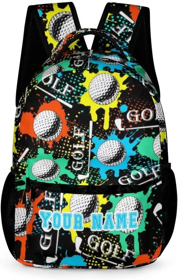 Custom Golf Backpack for Kids Girls Boys School, 16 Inches Cool Golf Theme Bookbag, Adjustable, Lightweight, Large Capacity, Colorful Golf Backpack for School