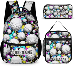 Custom Golf Backpack with Lunch Box & Pencil Case, 16 Inch Cool Golf Themed Bookbag, Adjustable Lightweight Large Capacity, Colorful Golf Backpack Set for Kids Girls Boys School