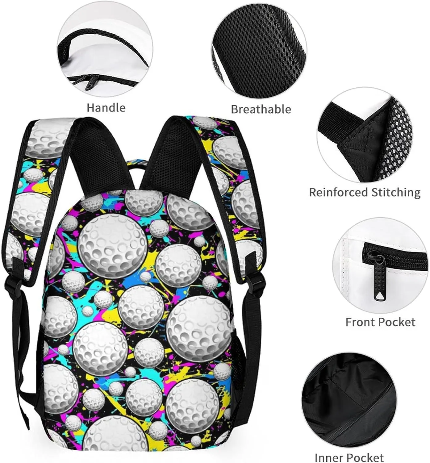 Custom Golf Backpack with Lunch Box & Pencil Case, 16 Inch Cool Golf Themed Bookbag, Adjustable Lightweight Large Capacity, Colorful Golf Backpack Set for Kids Girls Boys School
