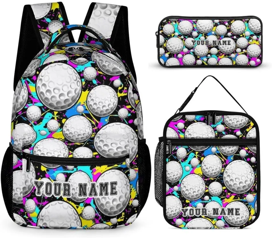 Custom Golf Backpack with Lunch Box & Pencil Case, 16 Inch Cool Golf Themed Bookbag, Adjustable Lightweight Large Capacity, Colorful Golf Backpack Set for Kids Girls Boys School
