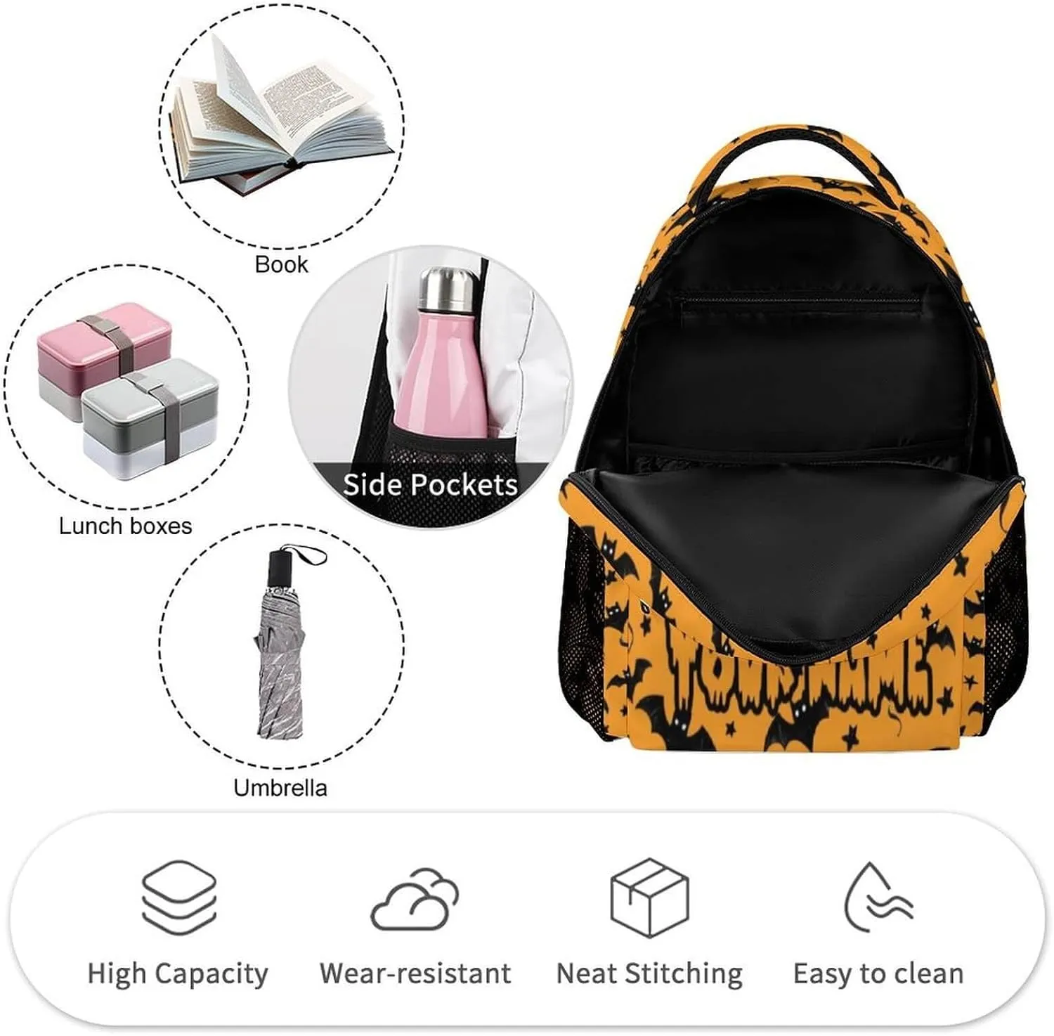 Custom Halloween Backpack for Kids Girls Boys School, 16 Inches Cool Halloween Theme Bookbag, Adjustable, Lightweight, Large Capacity, Colorful Halloween Backpack for School