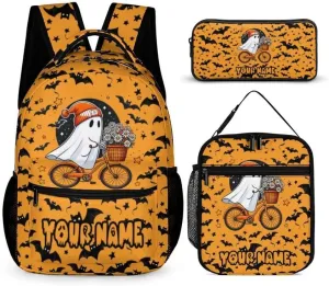 Custom Halloween Backpack with Lunch Box & Pencil Case, 16 Inch Cool Halloween Themed Bookbag, Adjustable Lightweight Large Capacity, Colorful Halloween Backpack Set for Kids Girls Boys School