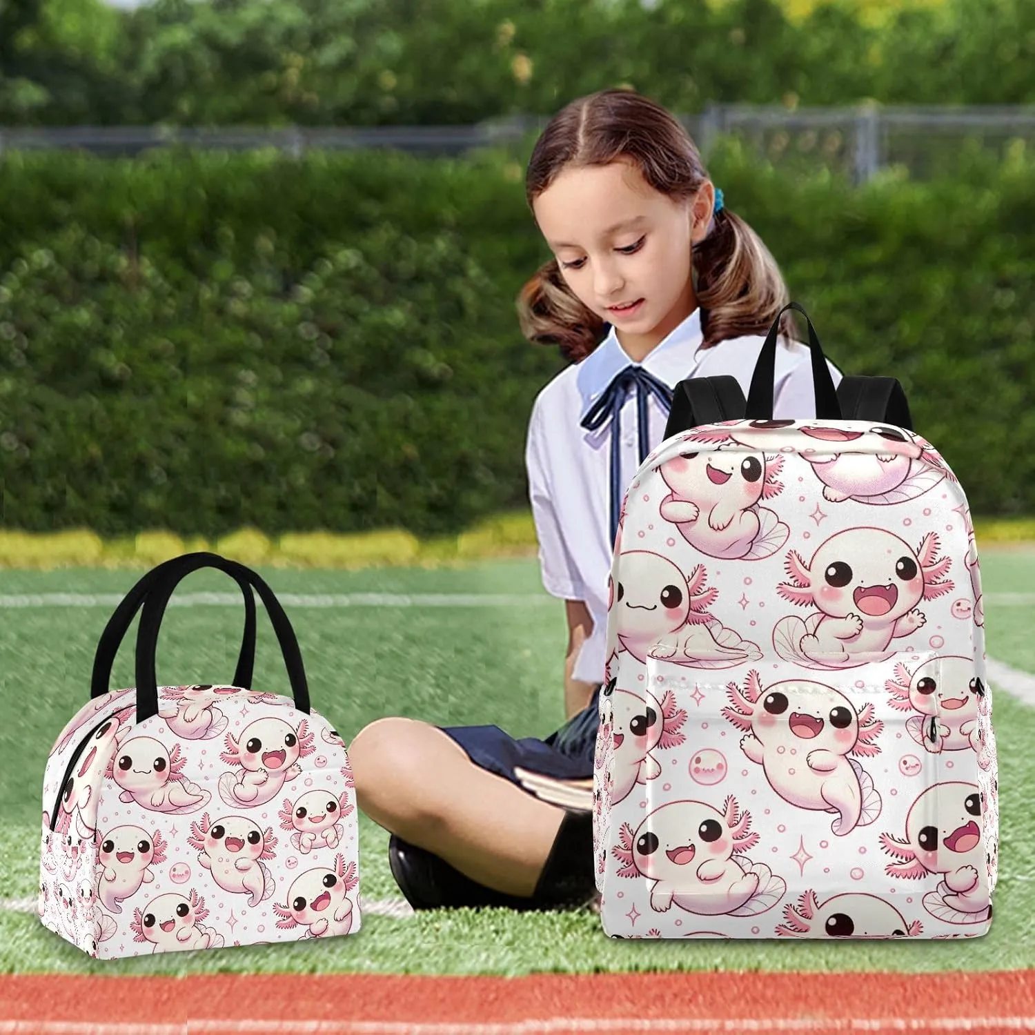 Cute Cartoon Axolotls Kids Backpacks Set Waterproof Picnic Backpack, Backpack for Girls Set