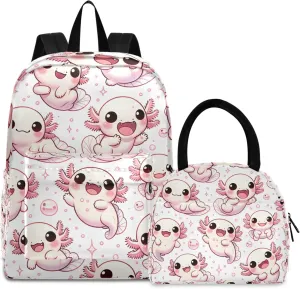 Cute Cartoon Axolotls Kids Backpacks Set Waterproof Picnic Backpack, Backpack for Girls Set