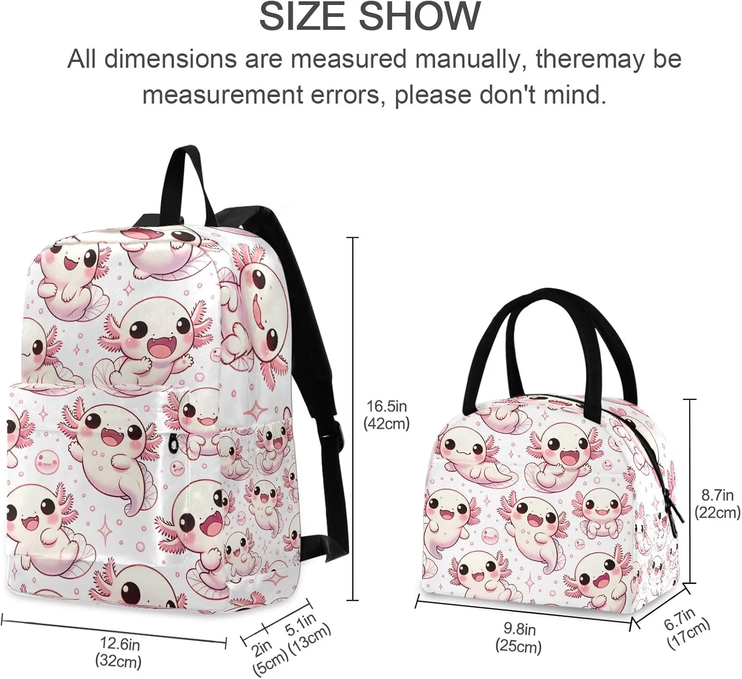 Cute Cartoon Axolotls Kids Backpacks Set Waterproof Picnic Backpack, Backpack for Girls Set