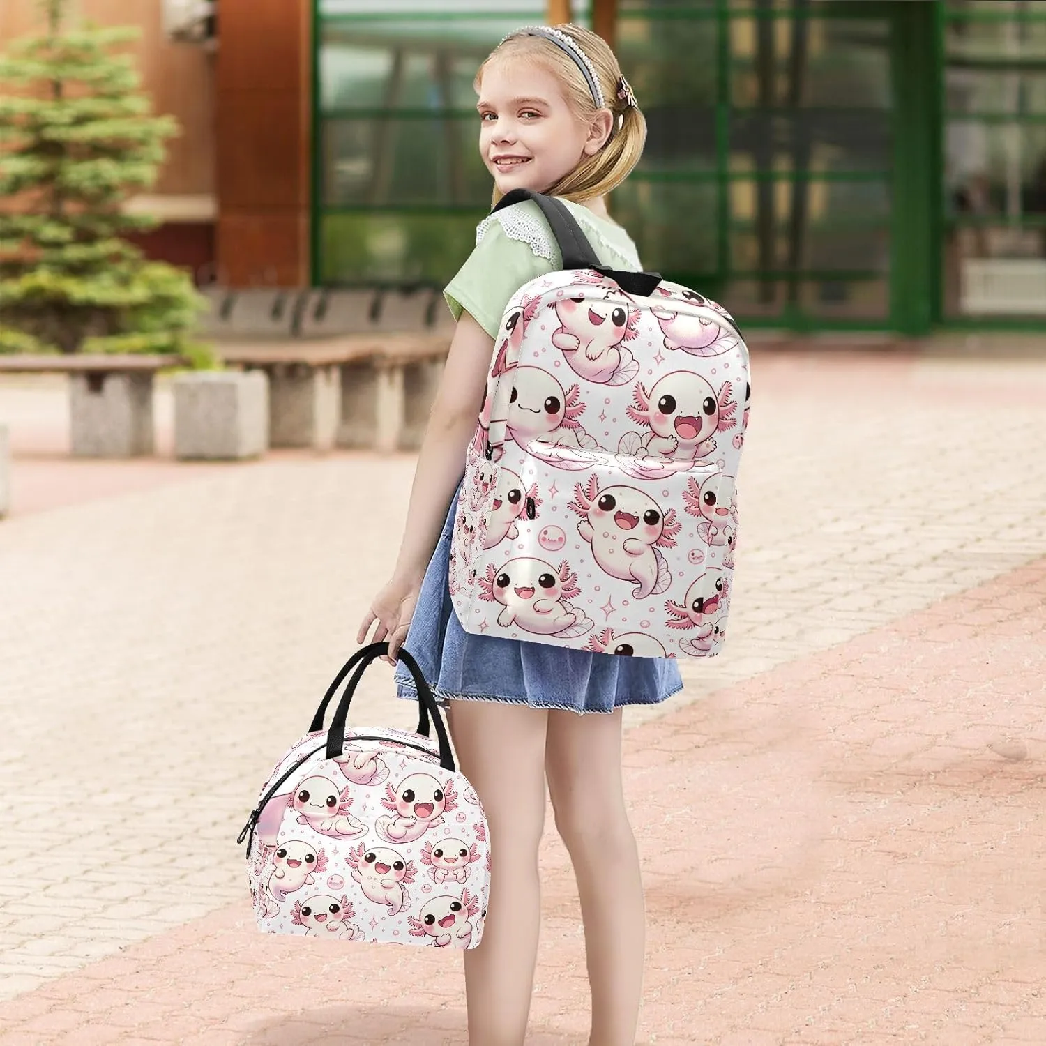 Cute Cartoon Axolotls Kids Backpacks Set Waterproof Picnic Backpack, Backpack for Girls Set
