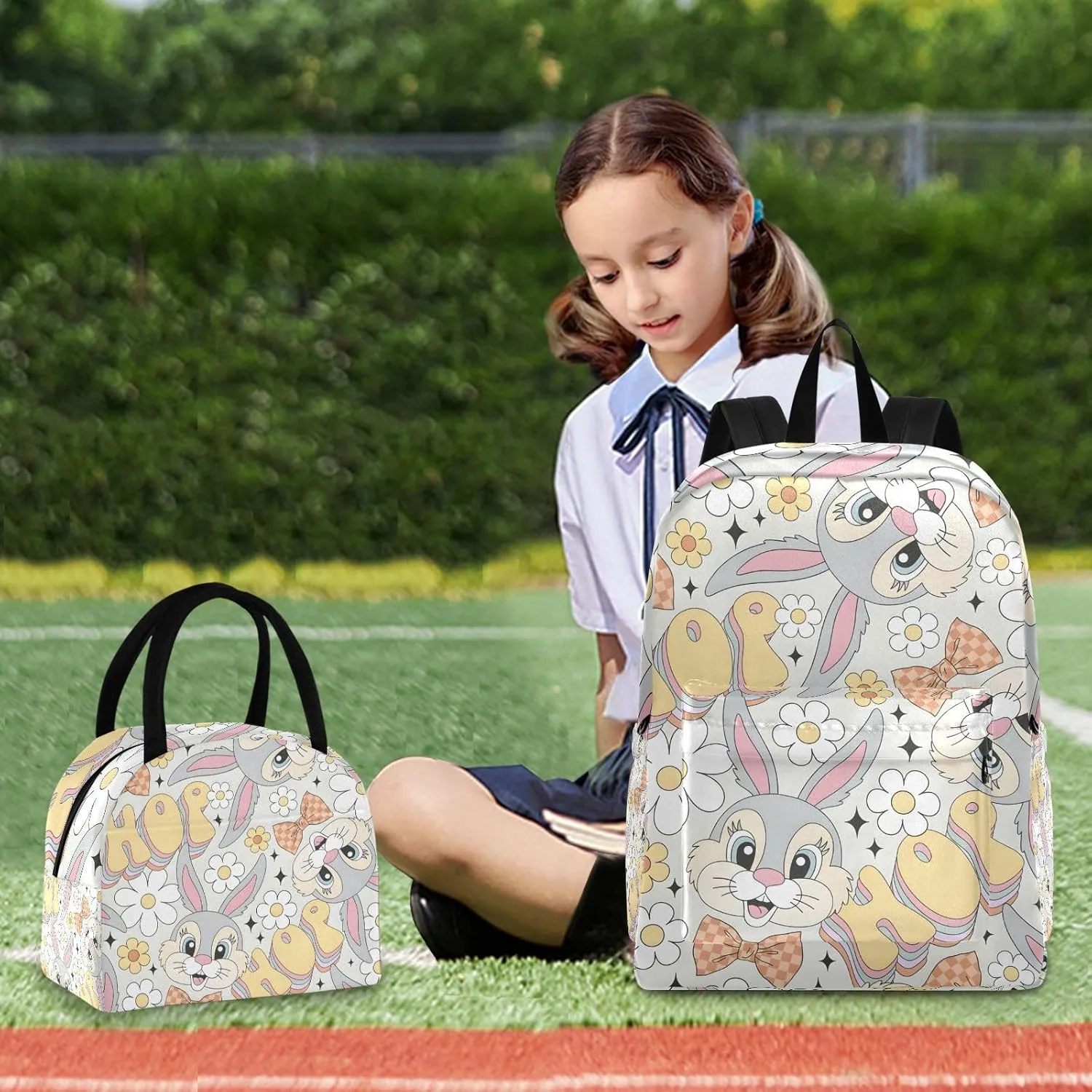 Cute Catroon Bunny Portrait Bow Kids Backpack Lunchbox Camping Backpack Waterproof, Girls Backpacks Ages 8 10