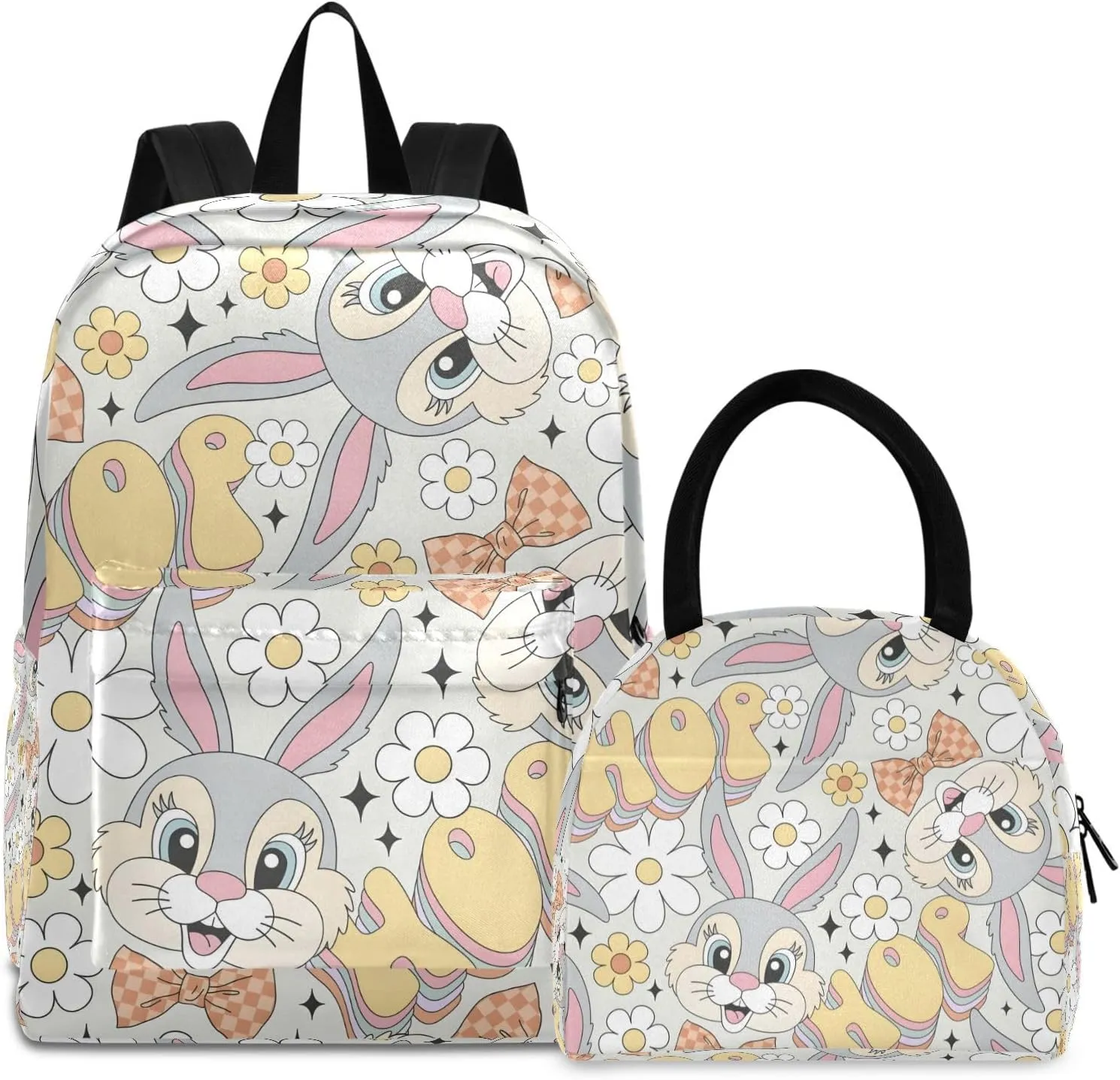 Cute Catroon Bunny Portrait Bow Kids Backpack Lunchbox Camping Backpack Waterproof, Girls Backpacks Ages 8 10