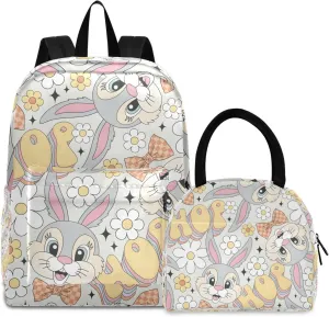 Cute Catroon Bunny Portrait Bow Kids Backpack Lunchbox Camping Backpack Waterproof, Girls Backpacks Ages 8 10