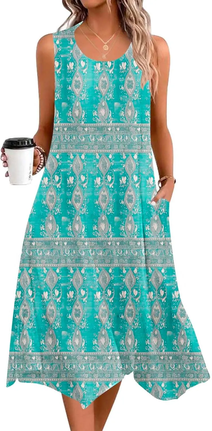 Cute Dresses for Women Casual Crewneck Sleeveless Floral Flowy Sundresses 2025 Beach Vacation Summer Hawaiian Dress