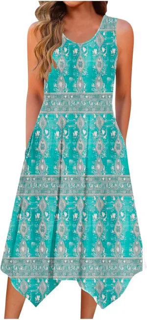 Cute Dresses for Women Casual Crewneck Sleeveless Floral Flowy Sundresses 2025 Beach Vacation Summer Hawaiian Dress