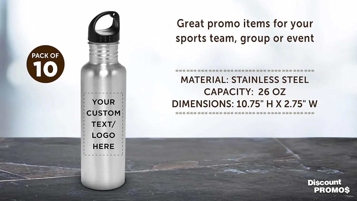 DISCOUNT PROMOS Custom Stainless Steel Water Bottles 26 oz. Set of 10, Personalized Bulk Pack - Reusable, Leak Proof, Perfect for Gym, Hiking, Camping, Outdoor Sports - Silver