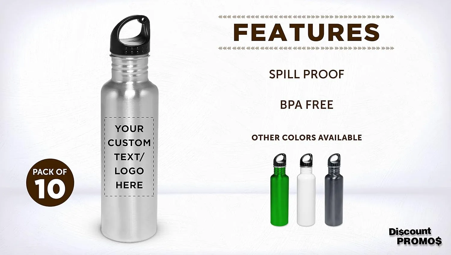 DISCOUNT PROMOS Custom Stainless Steel Water Bottles 26 oz. Set of 10, Personalized Bulk Pack - Reusable, Leak Proof, Perfect for Gym, Hiking, Camping, Outdoor Sports - Silver