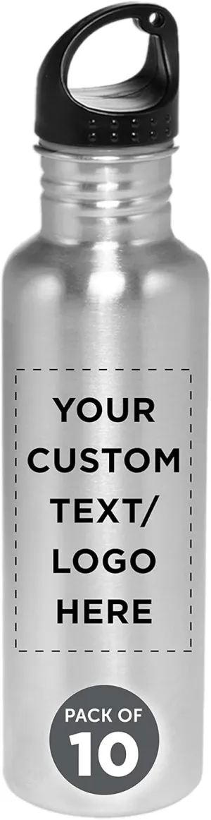 DISCOUNT PROMOS Custom Stainless Steel Water Bottles 26 oz. Set of 10, Personalized Bulk Pack - Reusable, Leak Proof, Perfect for Gym, Hiking, Camping, Outdoor Sports - Silver
