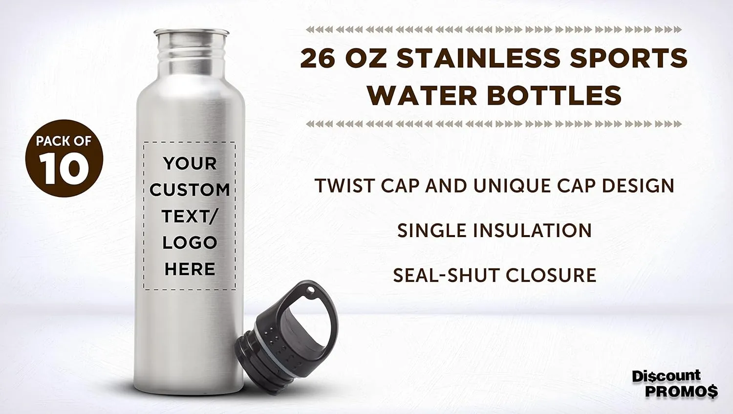 DISCOUNT PROMOS Custom Stainless Steel Water Bottles 26 oz. Set of 10, Personalized Bulk Pack - Reusable, Leak Proof, Perfect for Gym, Hiking, Camping, Outdoor Sports - Silver