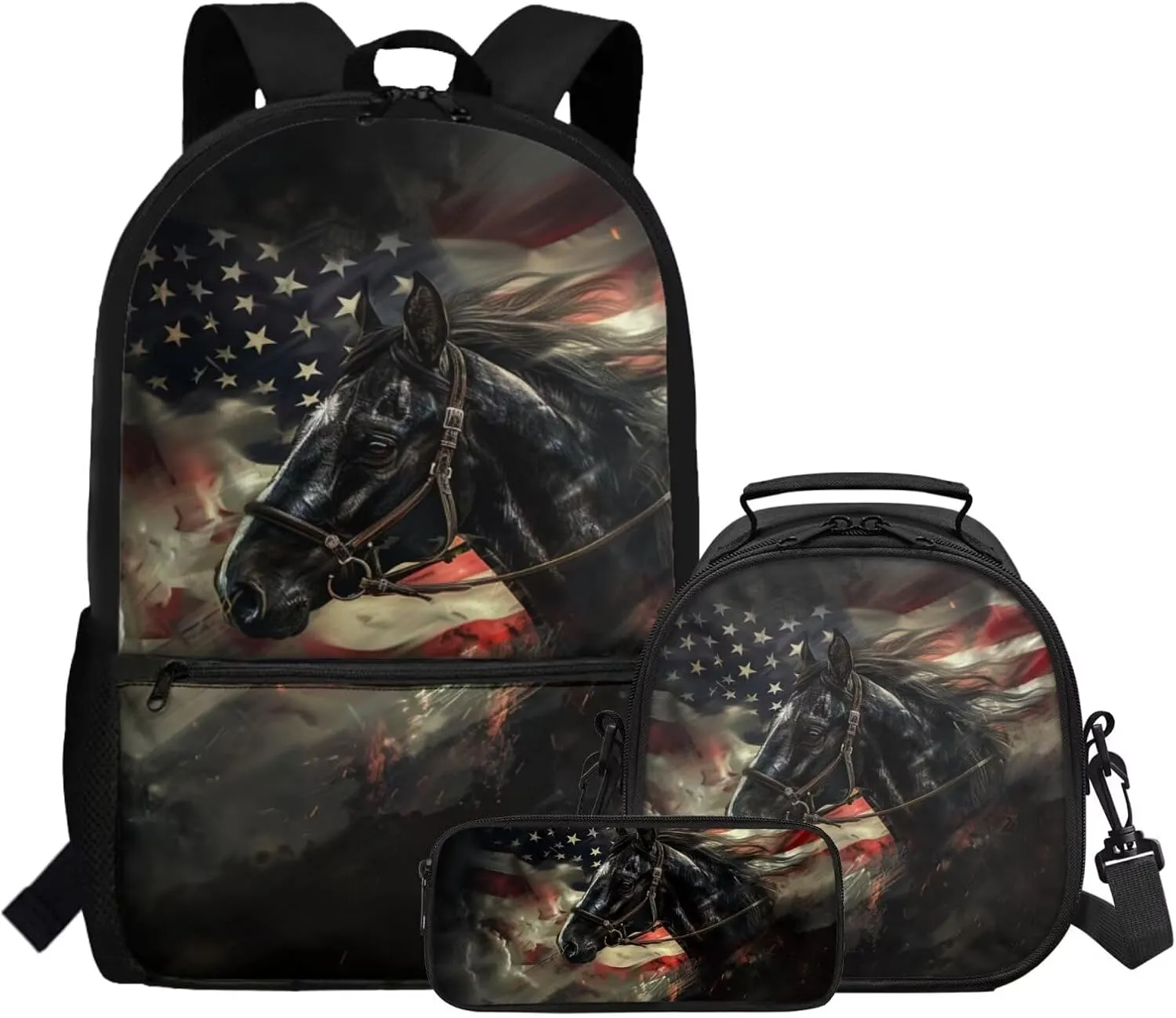 Dolyues American Flag Horse Kids Backpack Set  Reusable 3-Piece School Bundle with Adjustable Straps, Hidden Parent Handle & Front Zipper Pocket, Includes Lunch Bag   Pencil Organizer