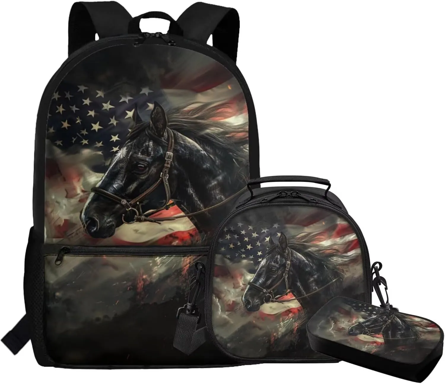 Dolyues American Flag Horse Kids Backpack Set  Reusable 3-Piece School Bundle with Adjustable Straps, Hidden Parent Handle & Front Zipper Pocket, Includes Lunch Bag   Pencil Organizer